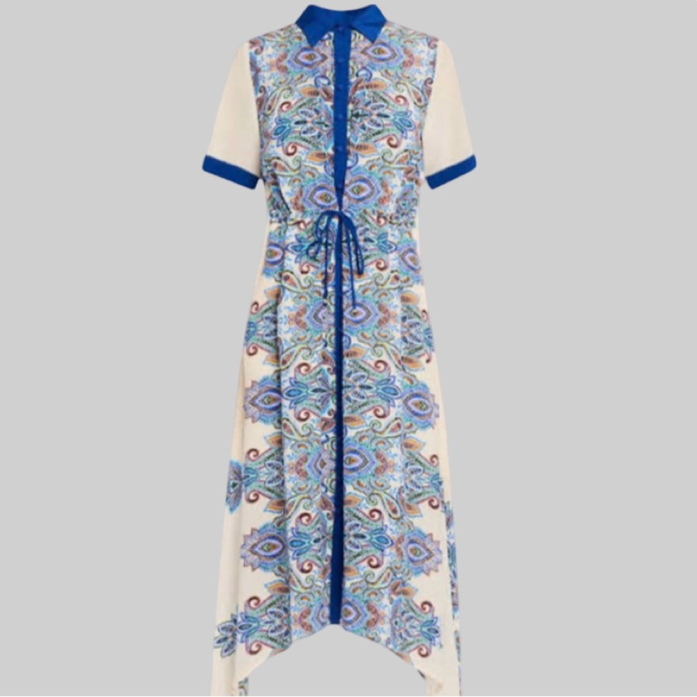 Johnny Was Cream and Blue High-Low Button-Front Midi Dress Size Small - Picture 13 of 16